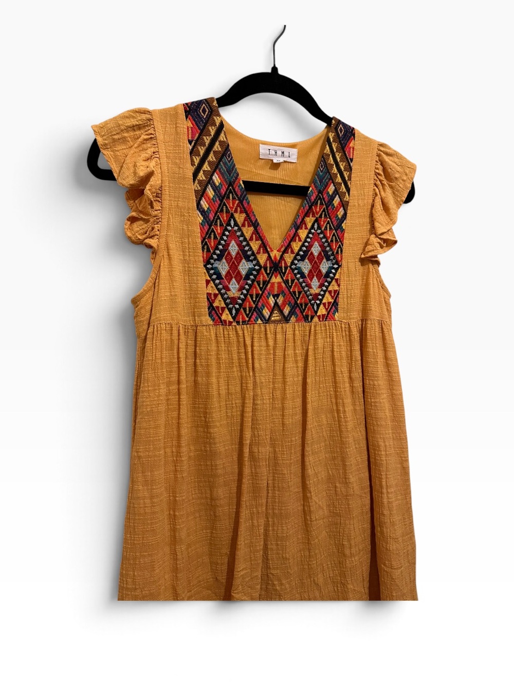 THML Mustard V-Neck Embroidered Ruffle Mini Dress - Picture 3 of 6